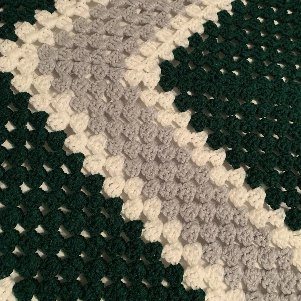 Vintage Handmade Crochet Afghan Blanket Green Gray White 65 X 65‎ Granny Square